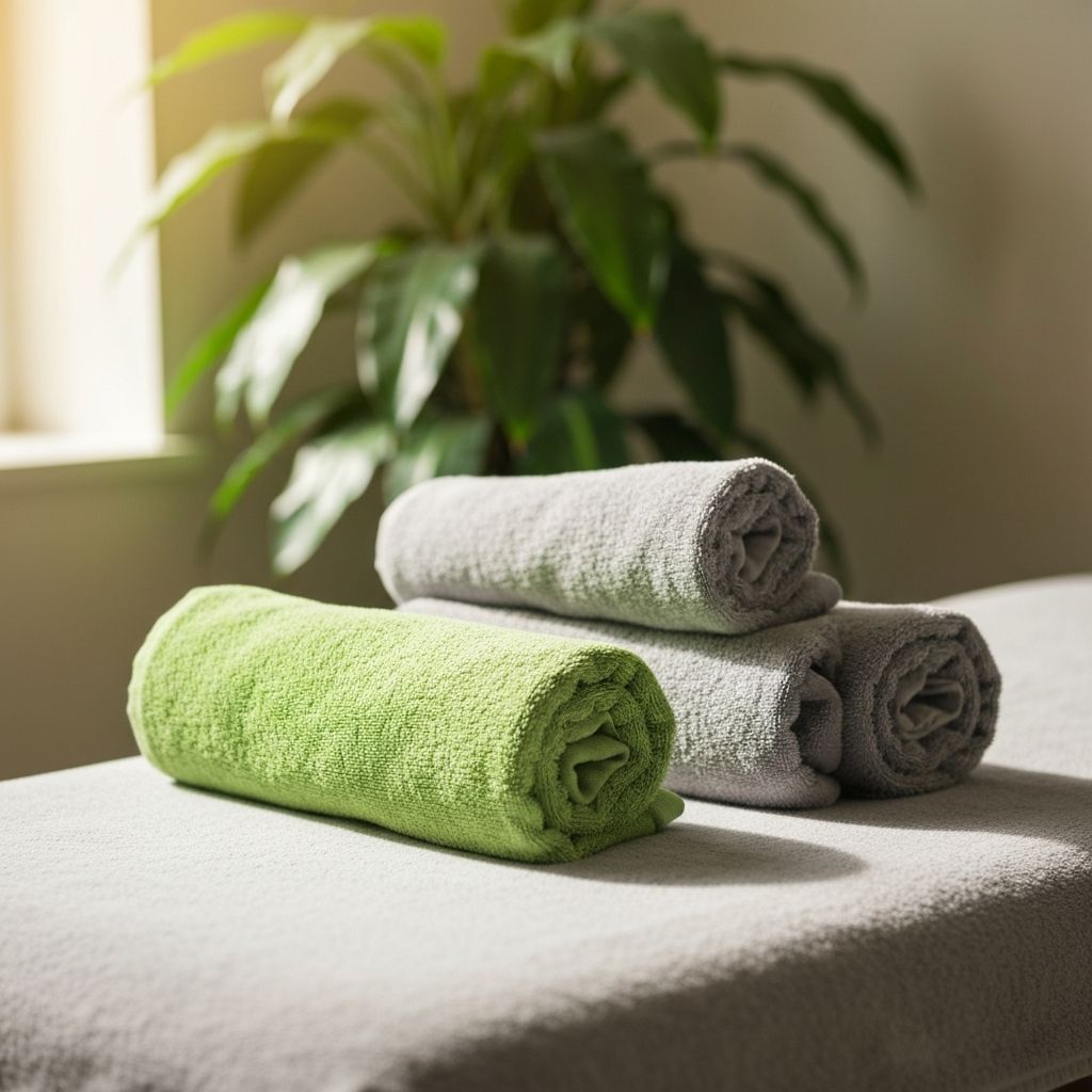 Relaxing spa environment with towels and plants